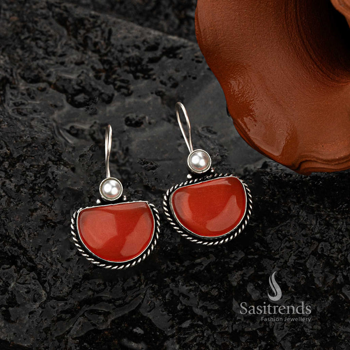 Stylish oxidised silver earrings adorned with Brown stone and pearl - Sasitrends