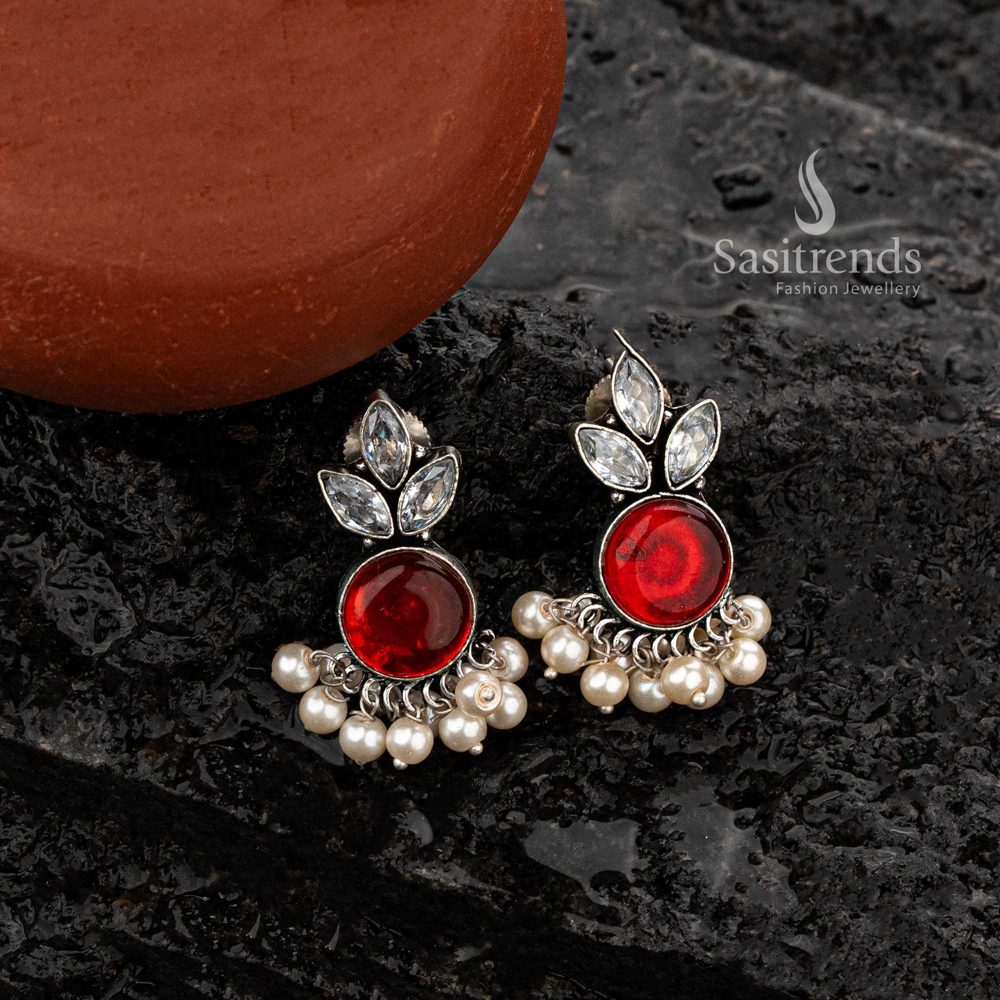 Maroon gemstone oxidised silver earrings with pearl danglers and leaf motif - Sasitrends