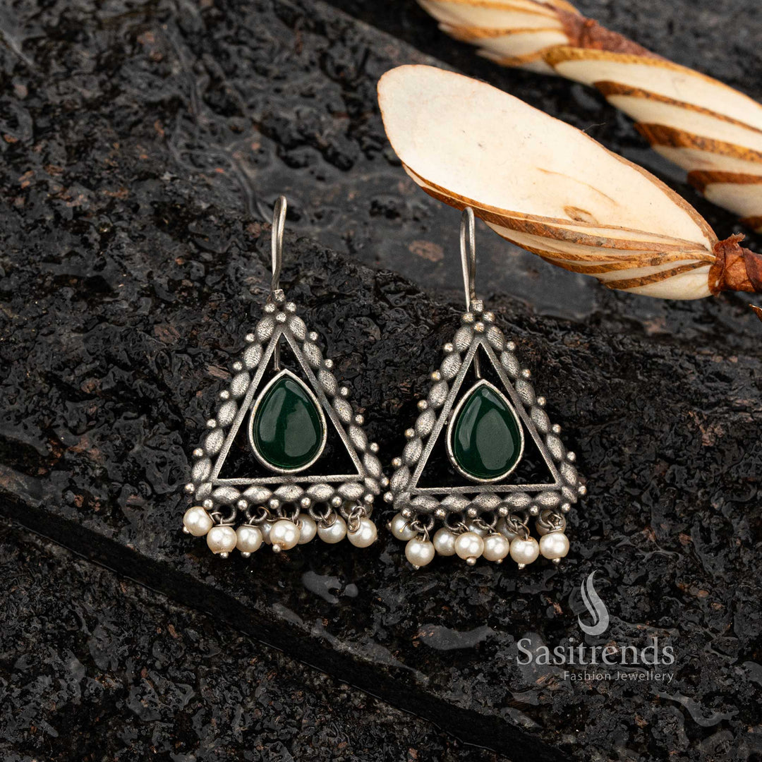 Green stone oxidised triangle earrings with dangling beads - Sasitrends