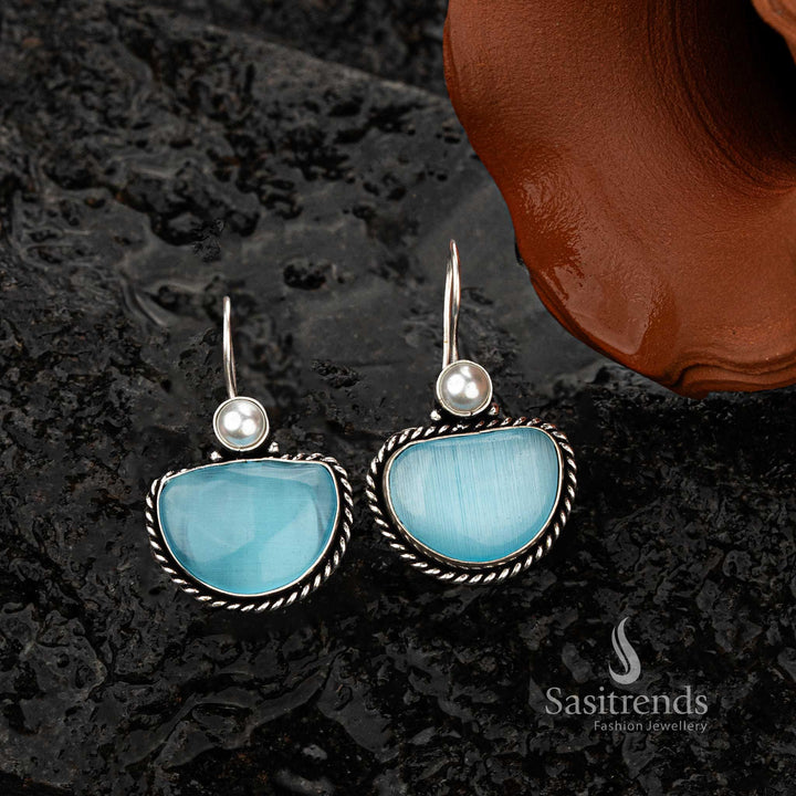 Statement oxidised silver earrings with deep Sky Blue stone and pearl top - Sasitrends