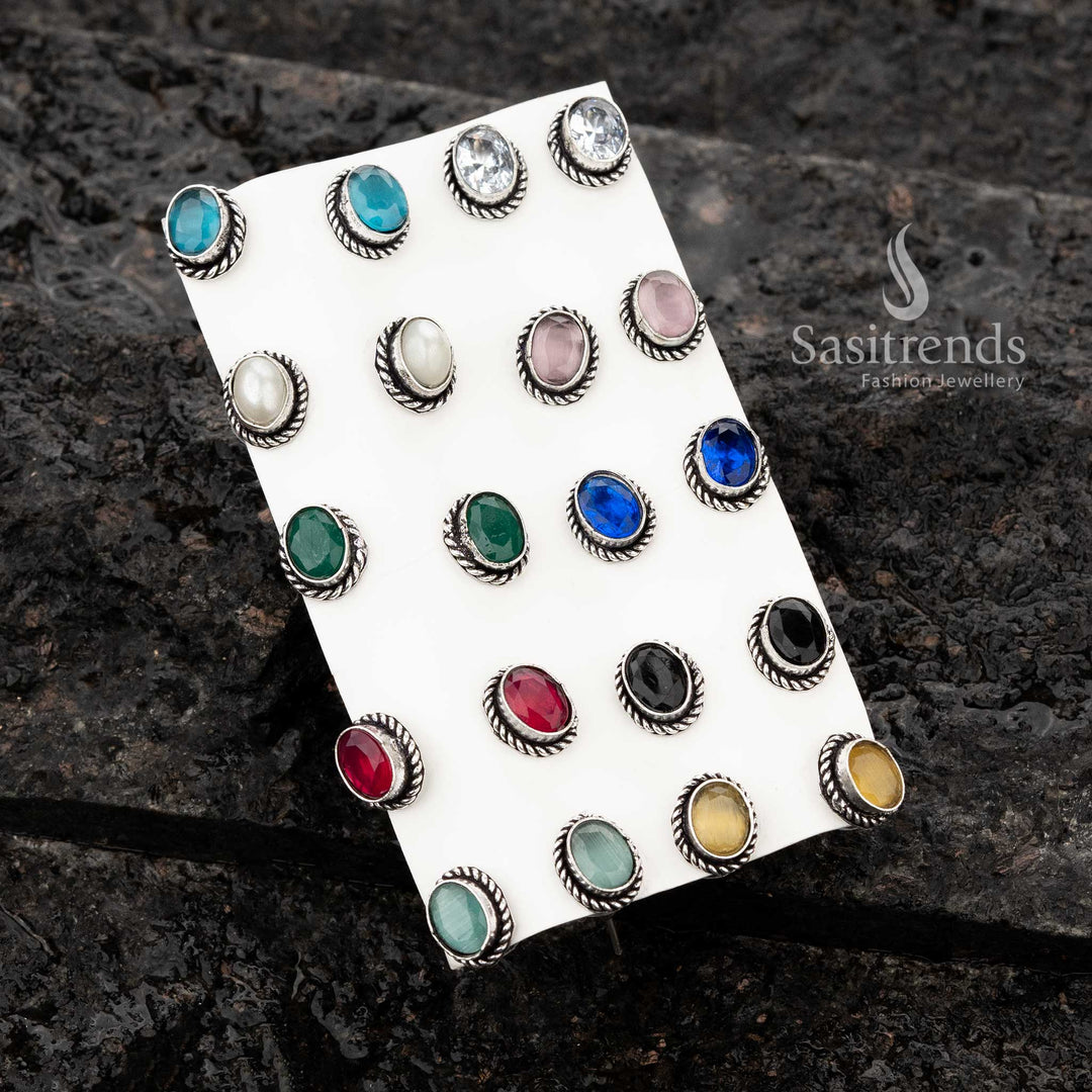 Vibrant oxidised oval stud earrings set with semi-precious stones - Sasitrends