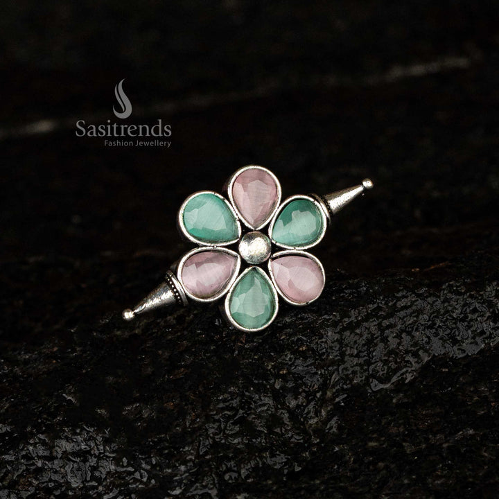 Oxidised Floral Stone Adjustable Ring | Available in Multiple Colours - Sasitrends