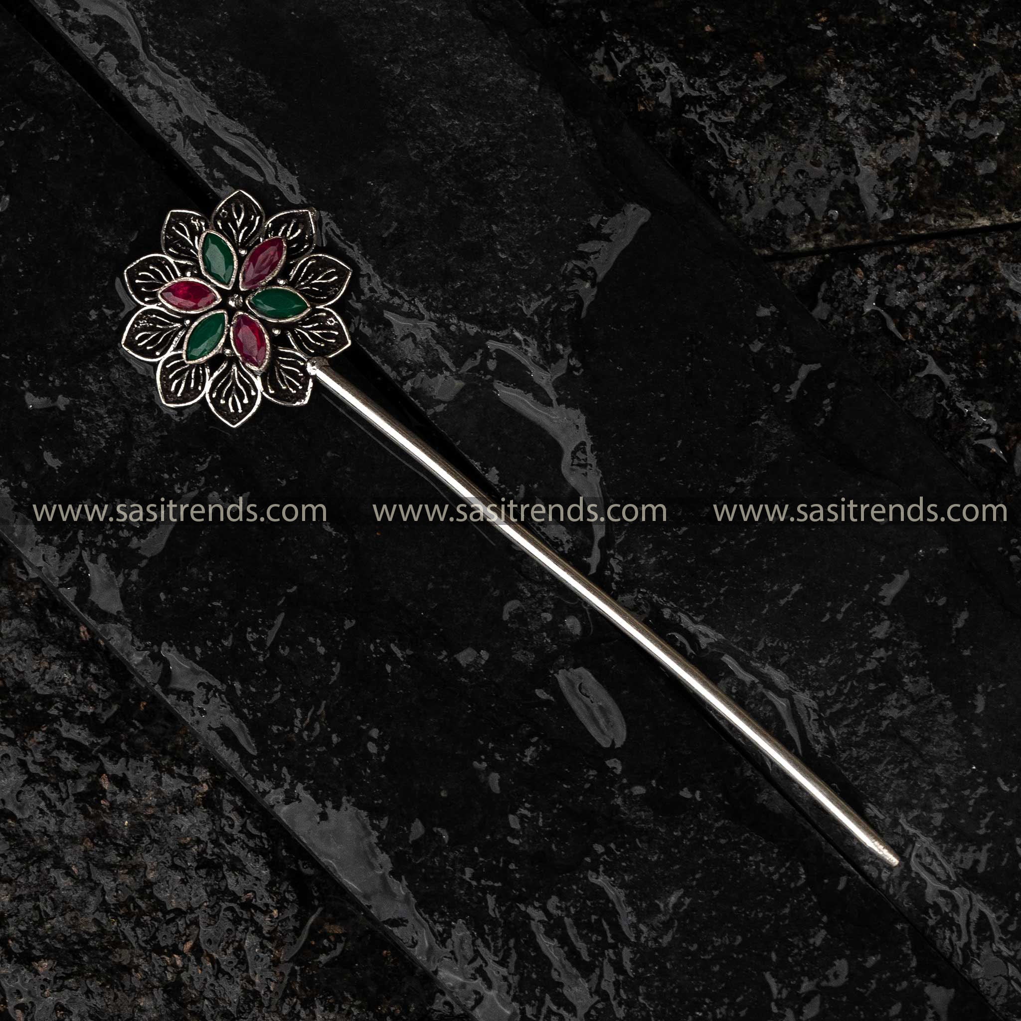 Attractive Ruby Green Stone Stud Oxidised Flower Hair Stick Sasitrends Online Shopping