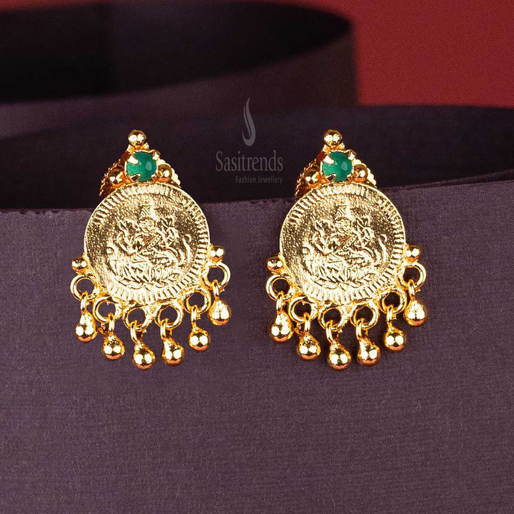 Authentic Green Lakshmi Coin Gold Plated Earrings with AD Stone and Swinging Golden Balls – Timeless Appeal