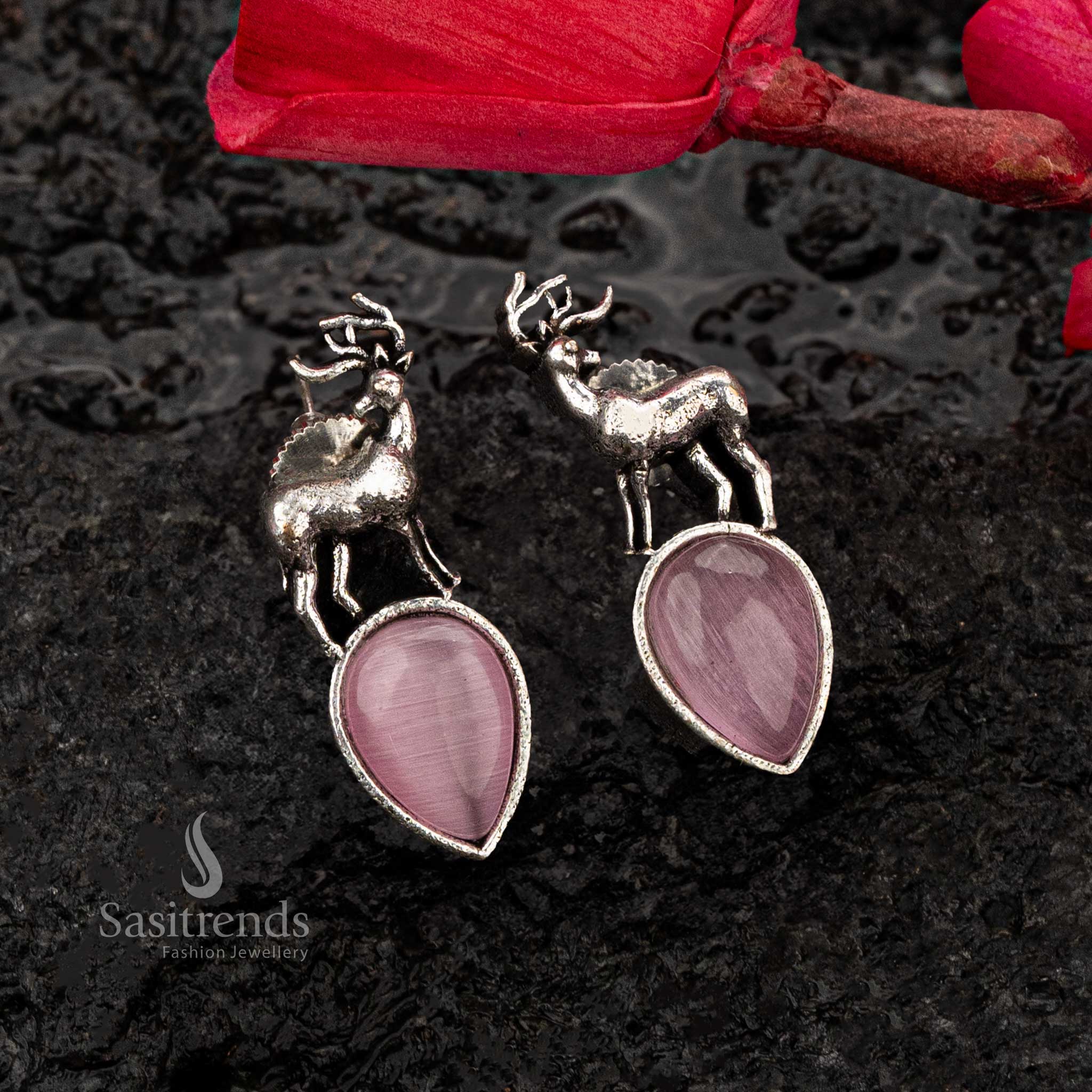 Pink Monalisa stone oxidised silver earrings with deer - Sasitrends