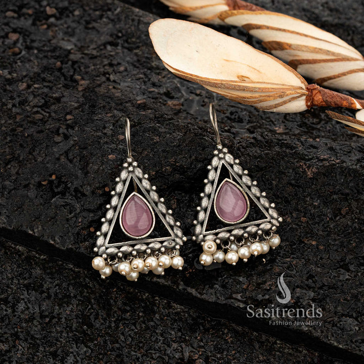 Pink stone oxidised triangle earrings with pearl beads - Sasitrends