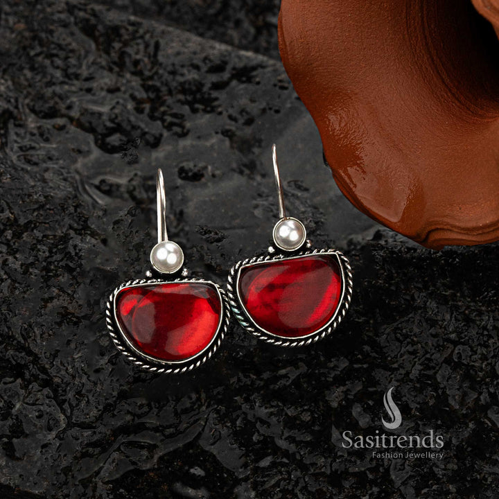 Oxidised silver earrings featuring Maroon stone with pearl accent - Sasitrends