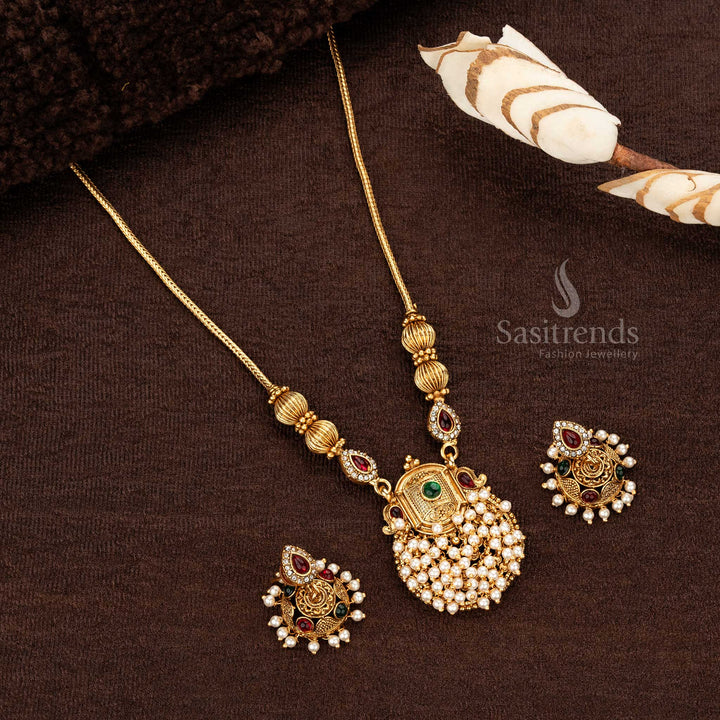 Beautifully Crafted Classic Matte Gold Plated Necklace Set with Pearl Pendant and Teardrop Motifs - Sasitrends