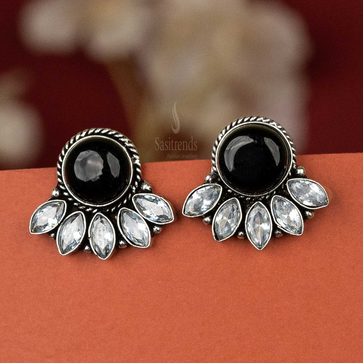 Trendy oxidised silver earrings with black cabochon stone and AD stones