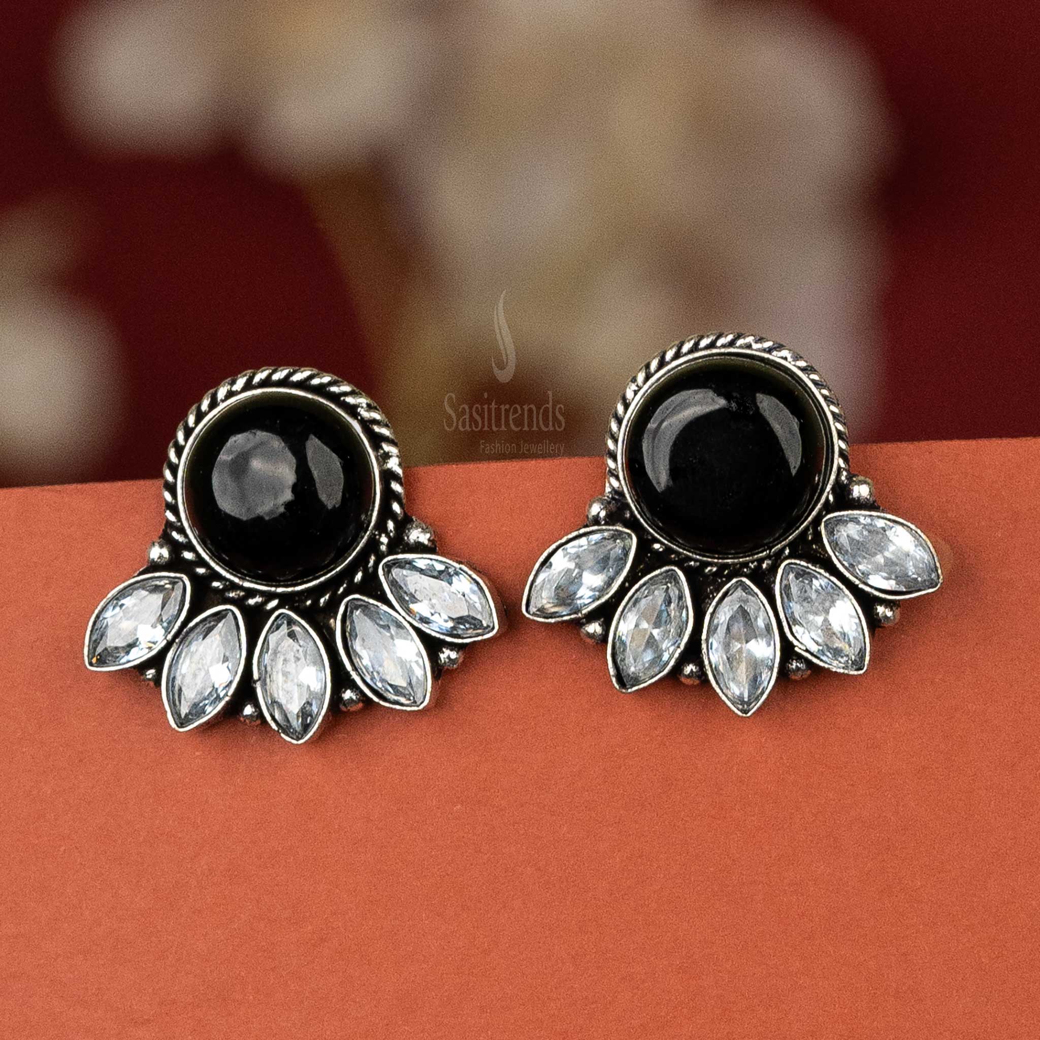 Black Cabochon Oxidised Silver Earrings Sasitrends Online Shopping