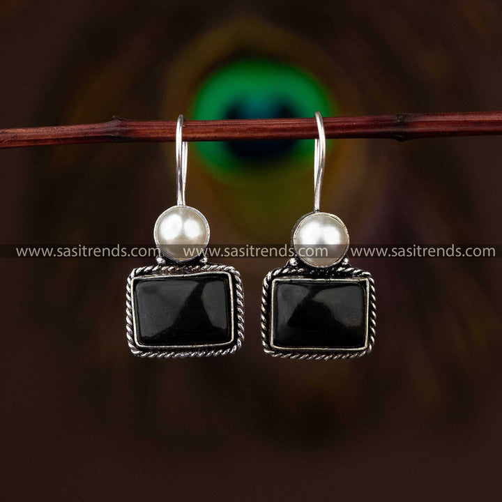 Sophisticated Black Stone Oxidised Jewellery Earrings 