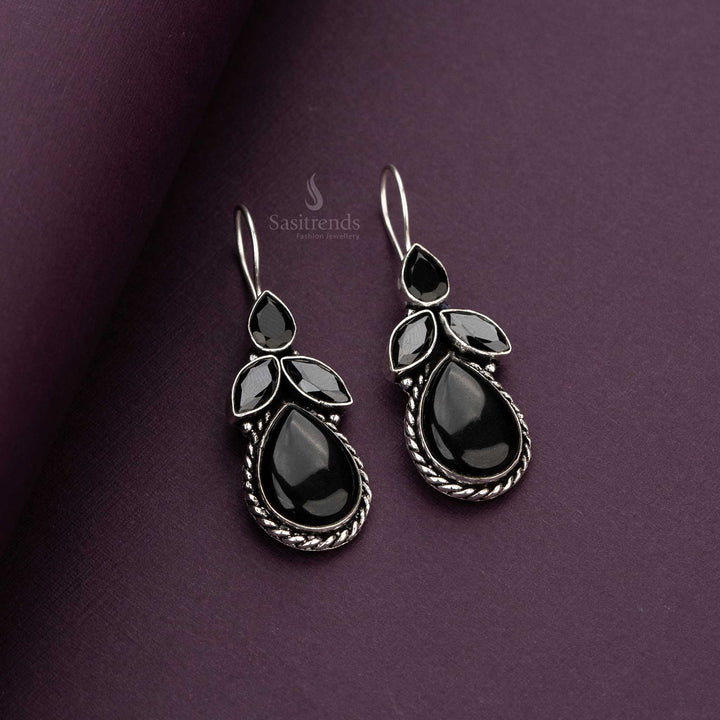 Elegant Leaf Pattern Oxidised Silver Earrings with Marquise Stones - Multiple Colors | Sasitrends