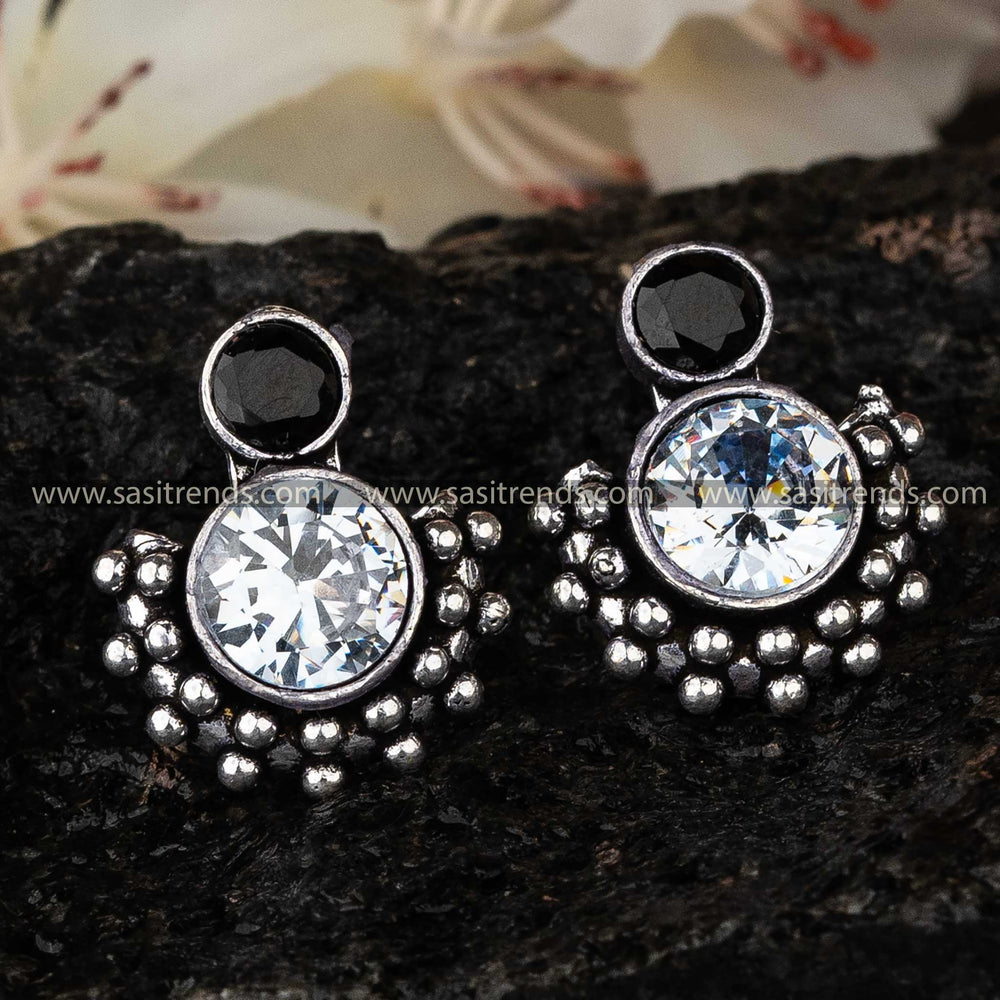 Black White Gemstone Studded Trendy Oxidised Office Wear Elegance Earrings Sasitrends Online Shopping