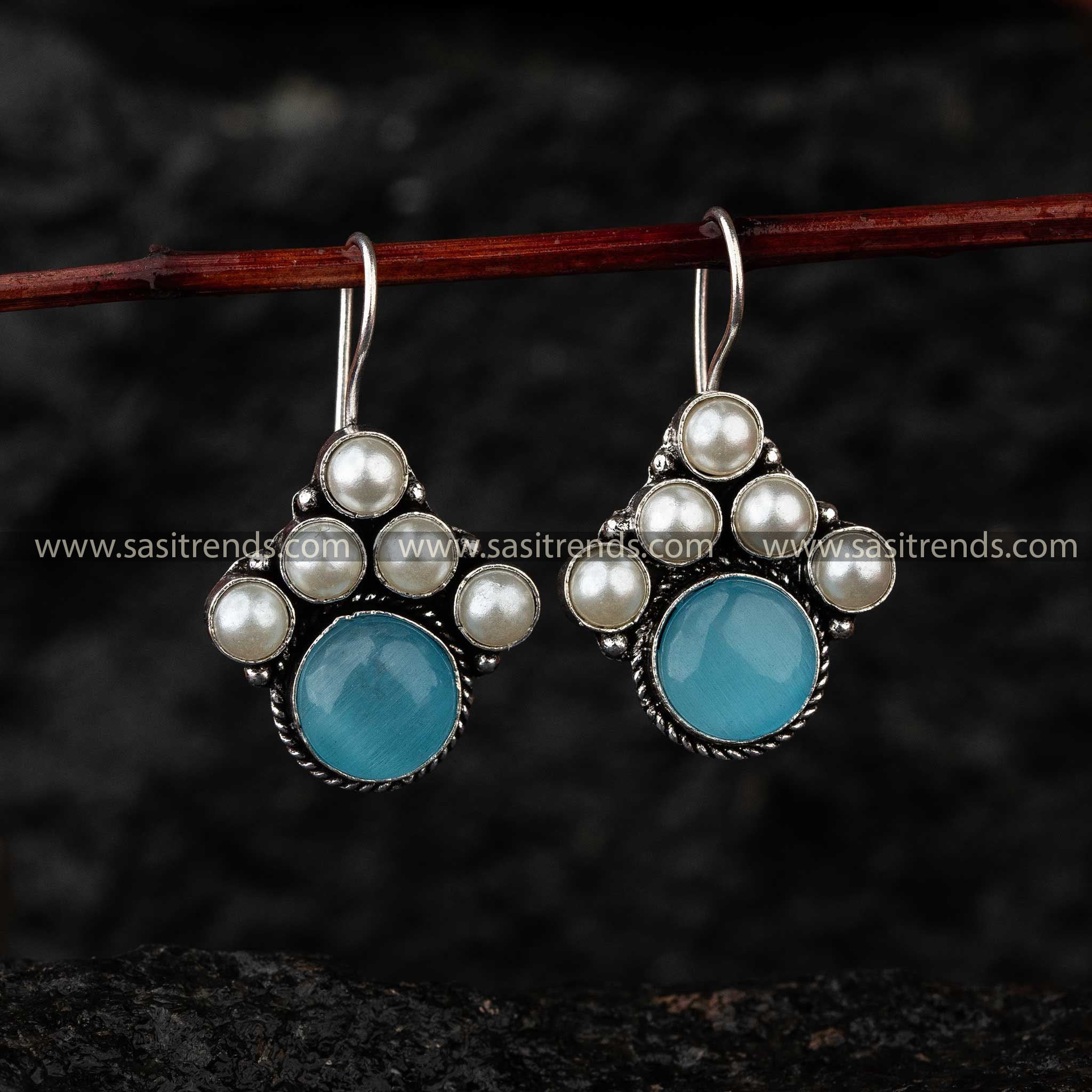 Blue Monalisa Stone Oxidised Earrings for Trendy Navarathiri Outfits