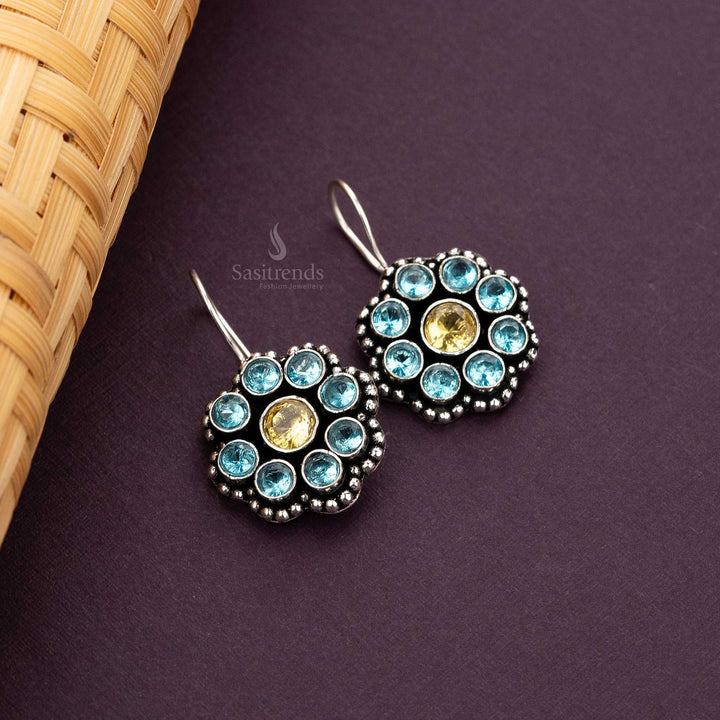 Oxidised Silver Floral Drop Earrings with Yellow and Blue Stones Sasitrends