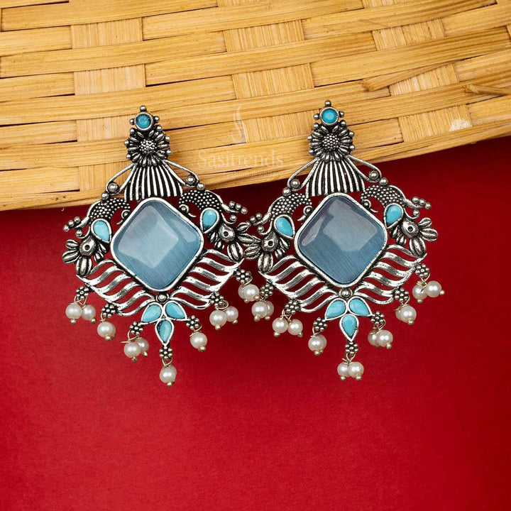 Bright Sky Blue Oxidised Earrings With Intricate Design Navarathiri Special Sasitrends