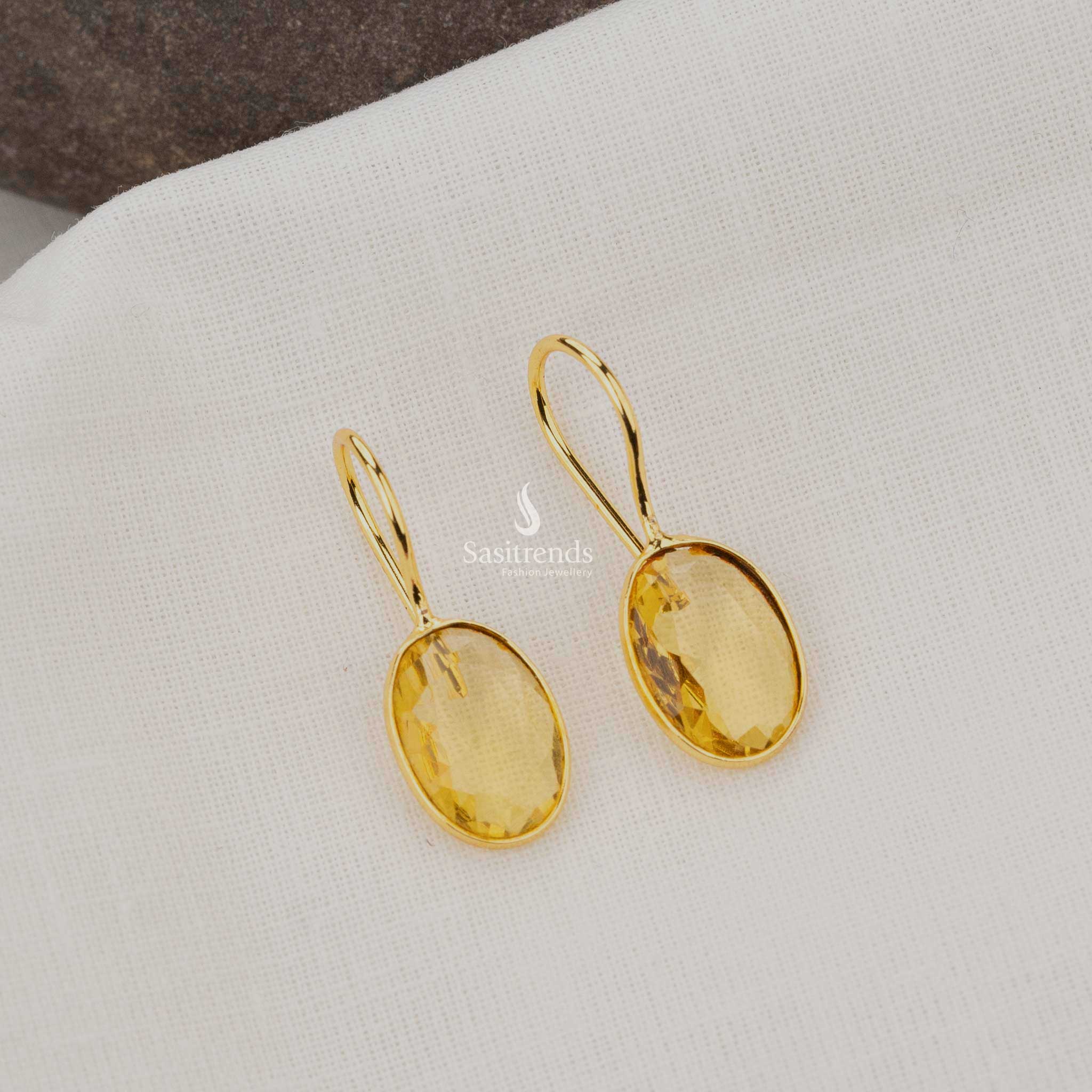 Bright Yellow Oval Gold Plated Earrings, Fun Party Wear