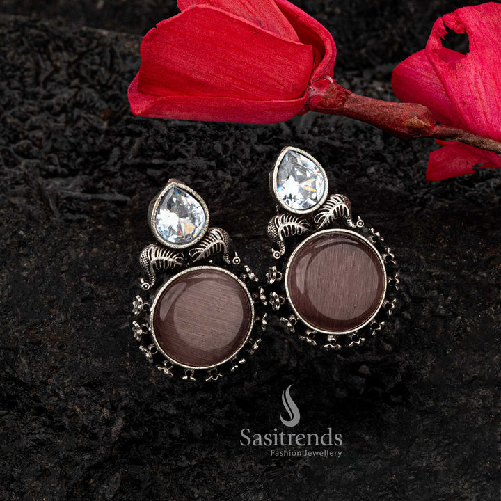 Dark Pink Monalisa stone oxidised earrings with CZ leaf design - Sasitrends
