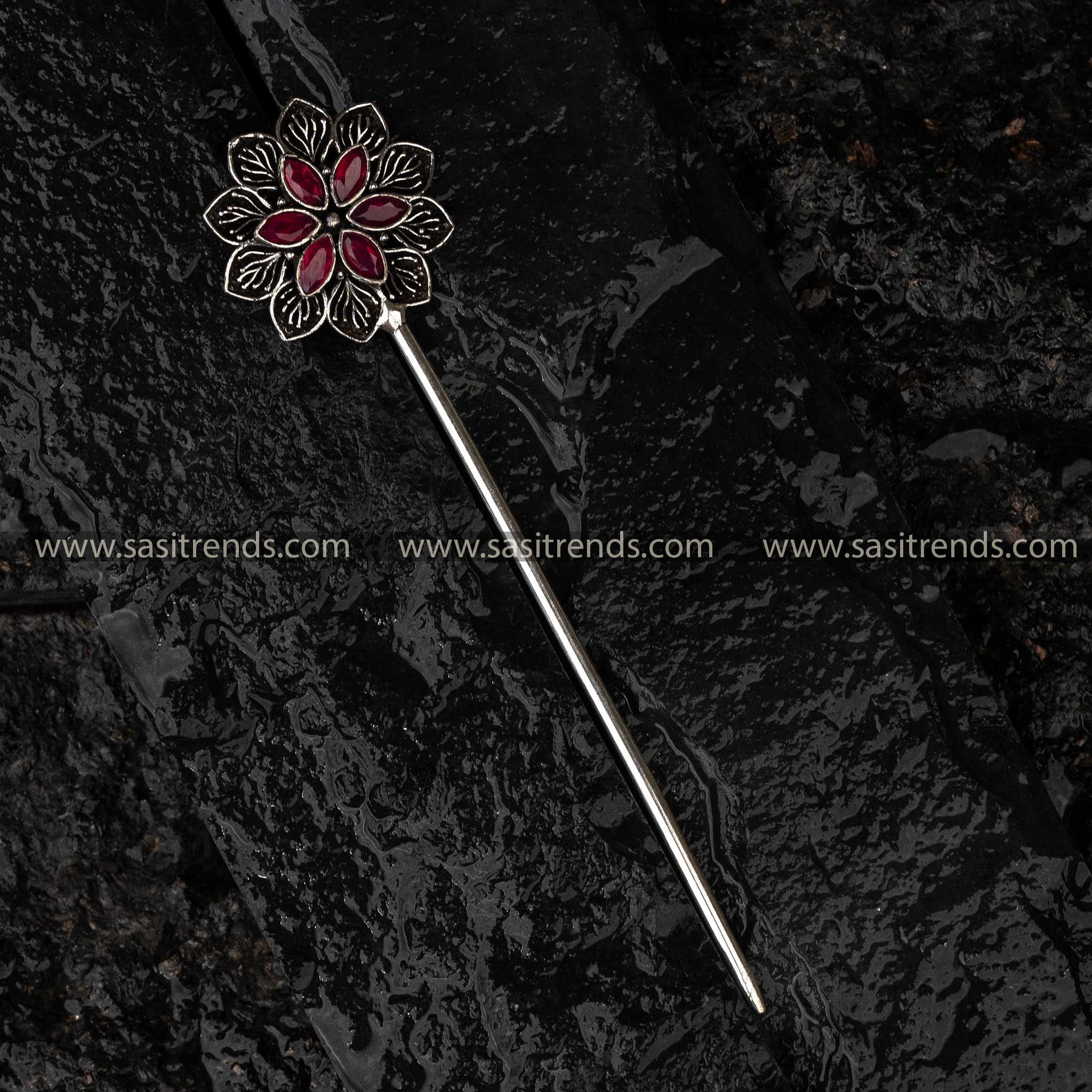 Casual Wear Ruby Stone Oxidised Floral Bun Stick Sasitrends Online Shopping