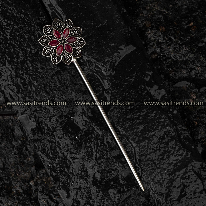 Casual Wear Ruby Stone Oxidised Floral Bun Stick Sasitrends Online Shopping