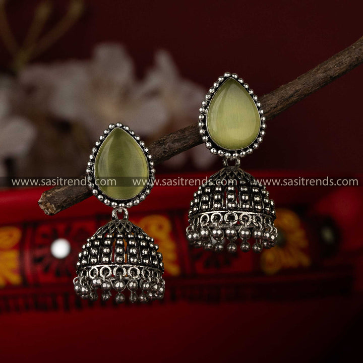 Chic Parrot Green Monalisa Stone Stud Oxidised Jhumka Earrings Navarathiri Elegance Sasitrends Online Shopping