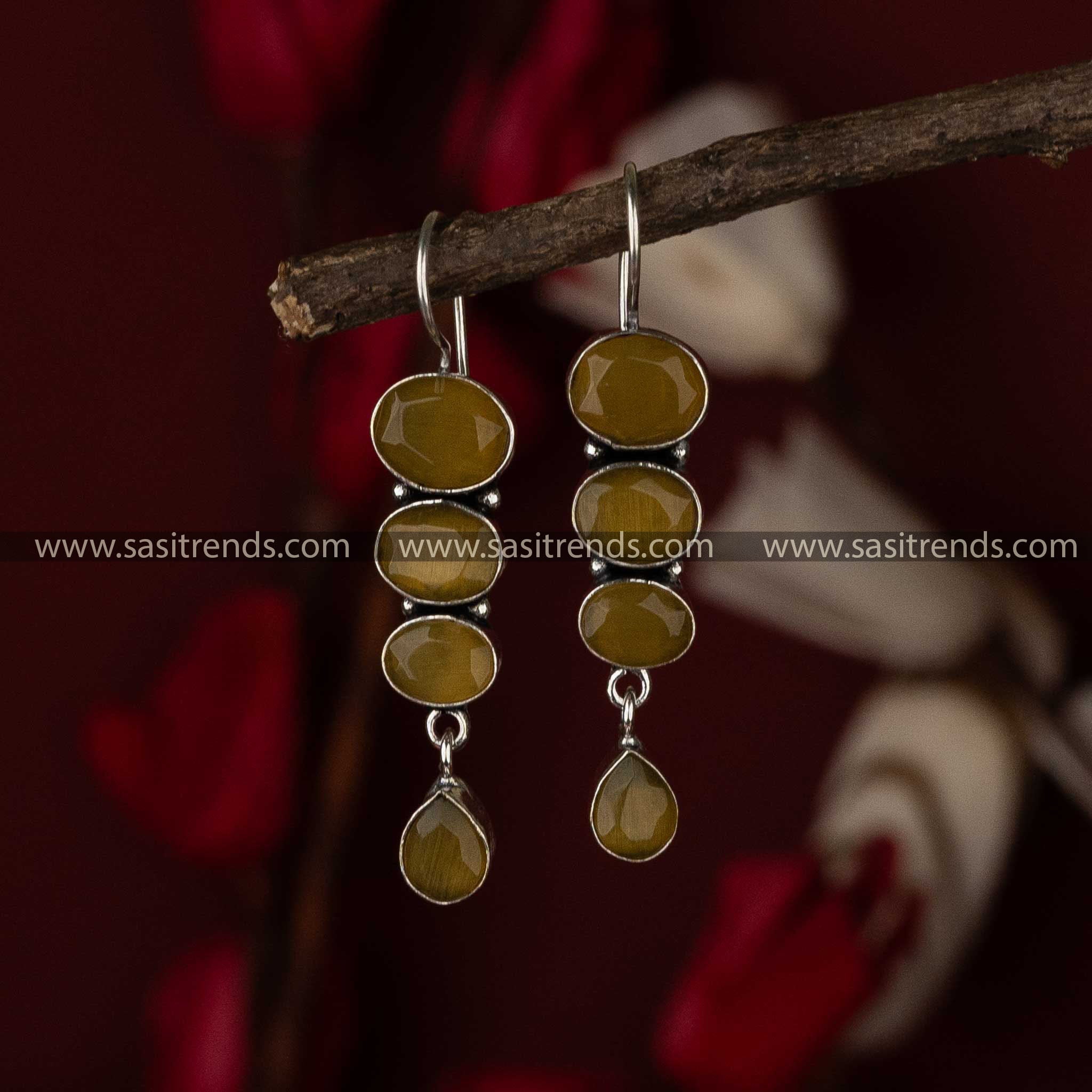 Chic Yellow Stone Oxidised Earrings - Navarathiri Special Oxidised Jewellery