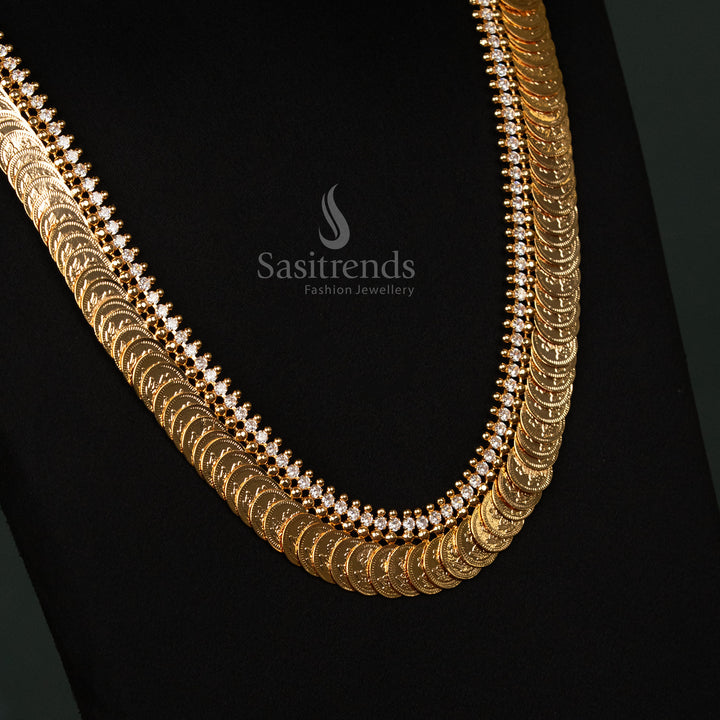 Classic micro gold-plated Lakshmi coin long necklace featuring stunning white stones, an ideal temple jewellery set for sarees and festive celebrations - Sasitrends