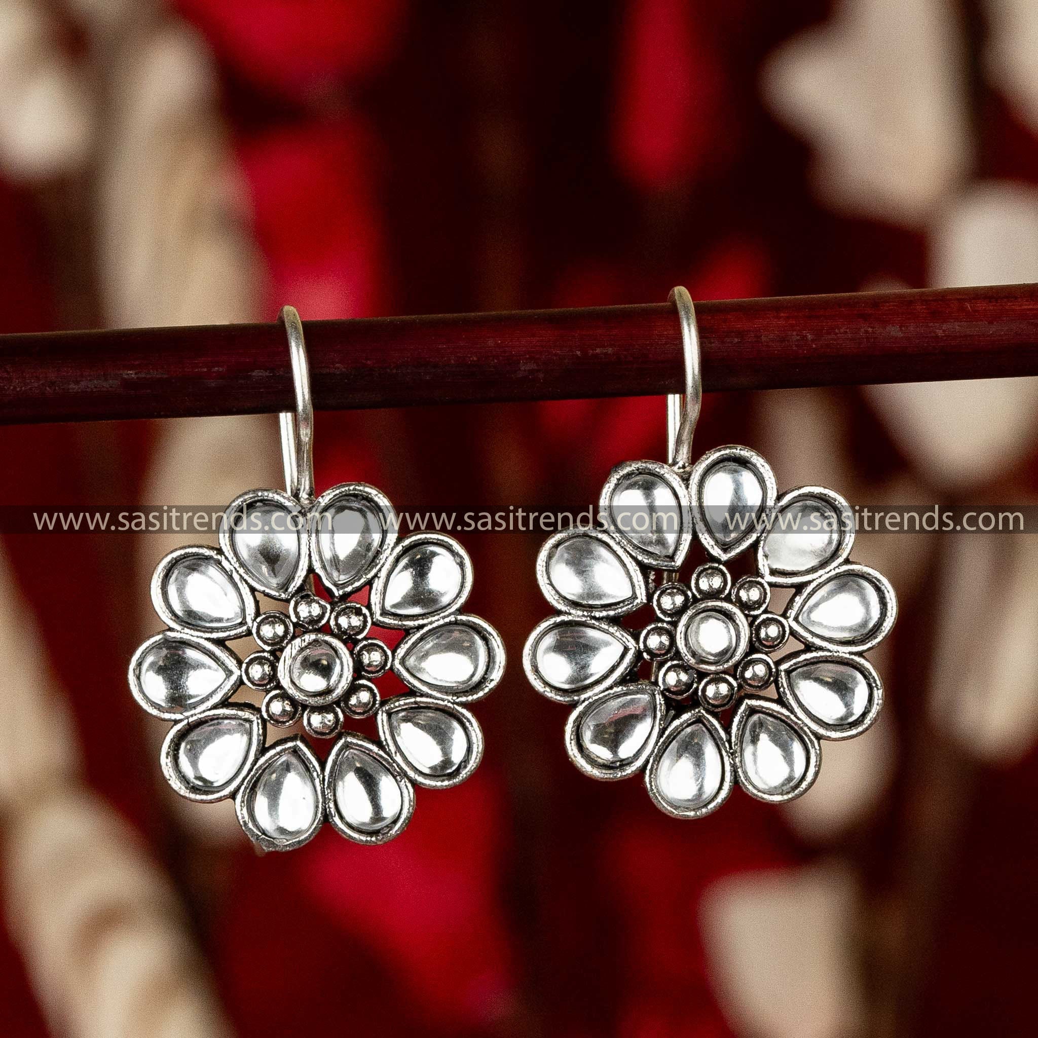 Sasitrends - Elegant Oxidised Silver Floral Earrings with Waterdrop and Round Gemstones - Sasitrends