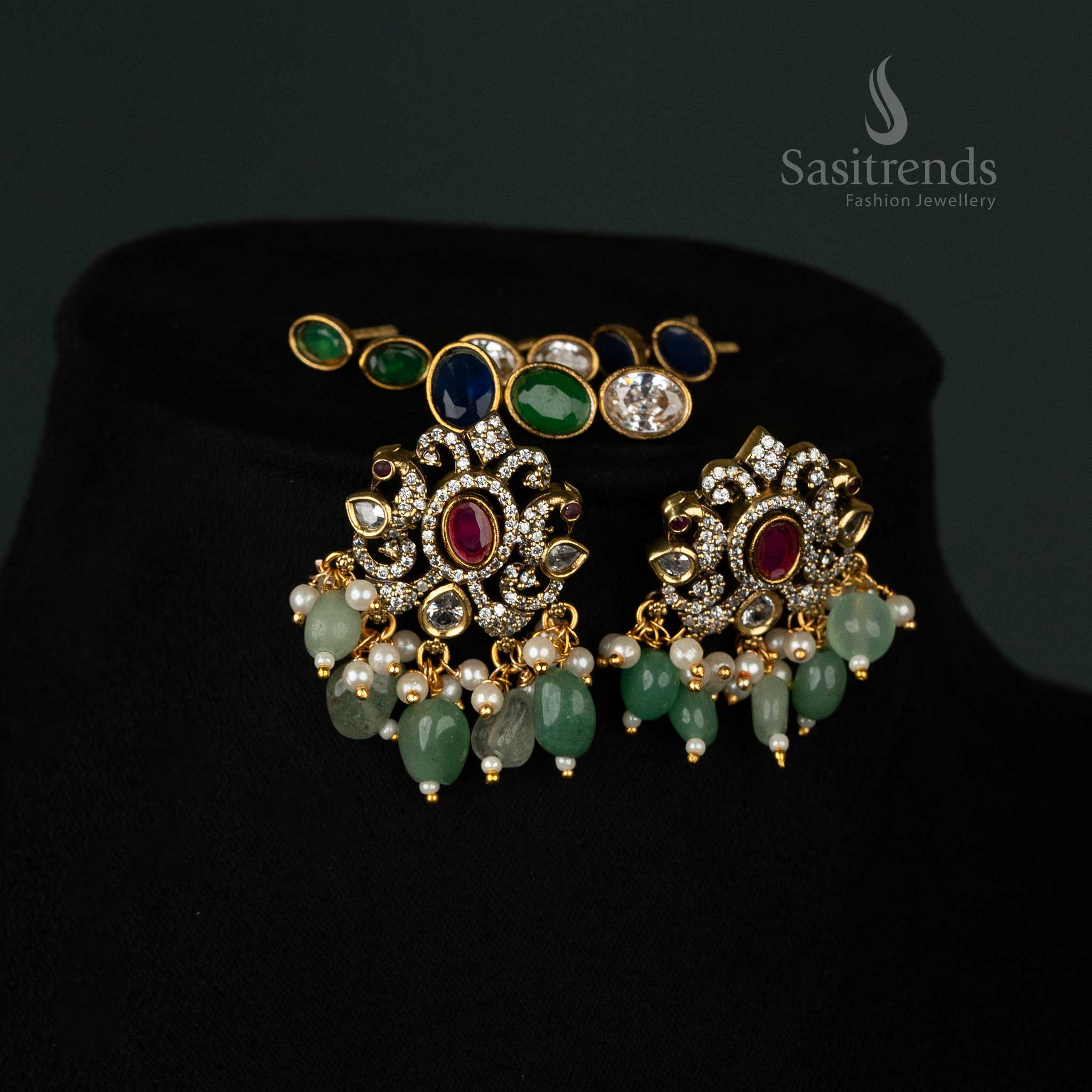 Handcrafted temple earrings set with Kundan elements and AD stone embellishments - Sasitrends