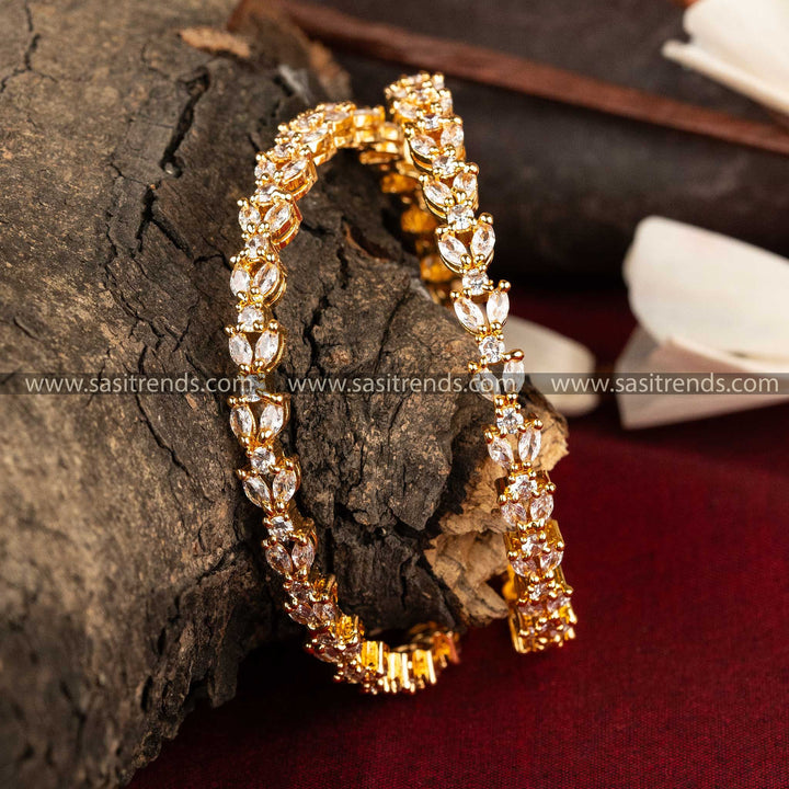 Sasitrends | Elegant Gold Plated American Diamond Bangles with Round and Marquise Design