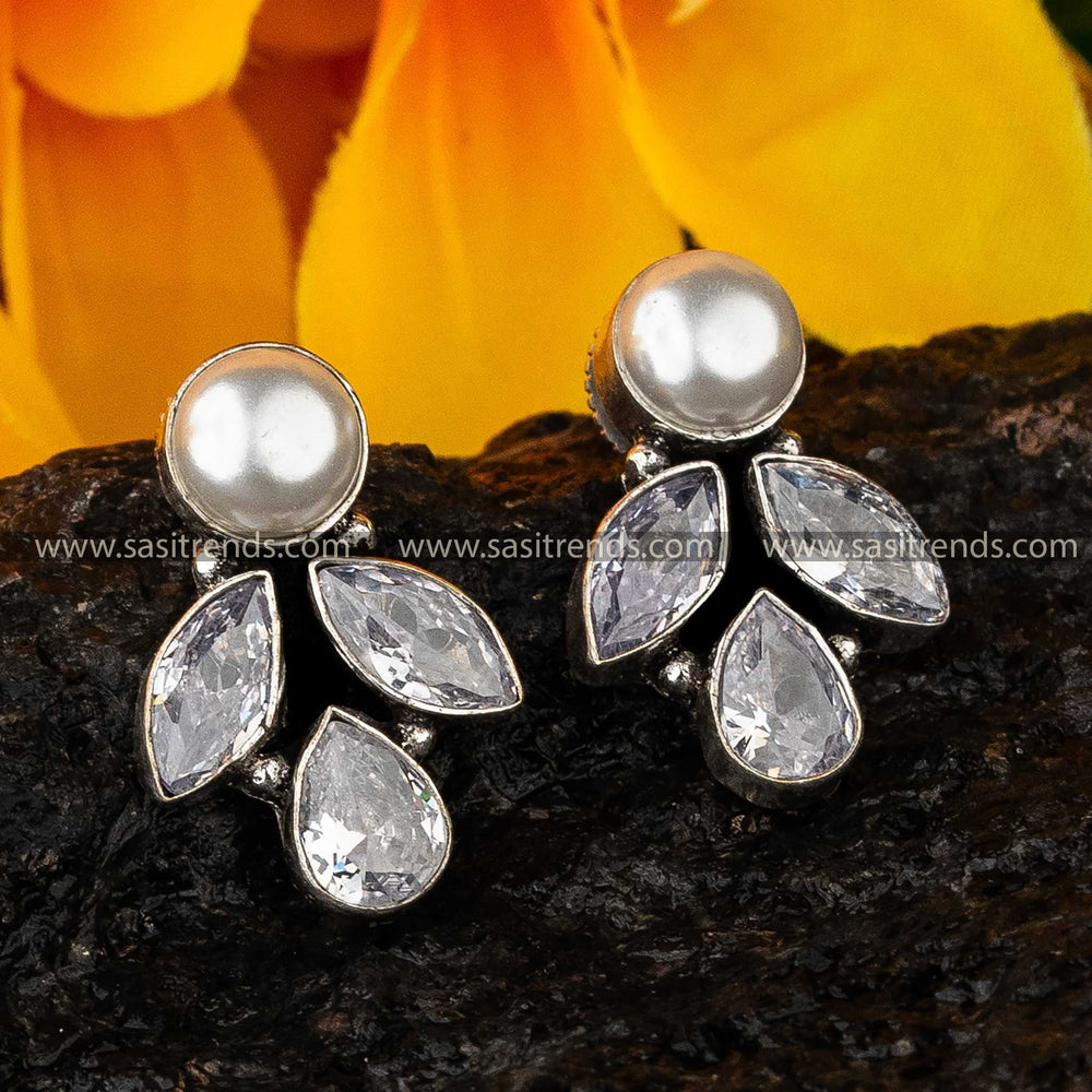 Classic White Marquise Oxidised Earrings - Timeless Elegance