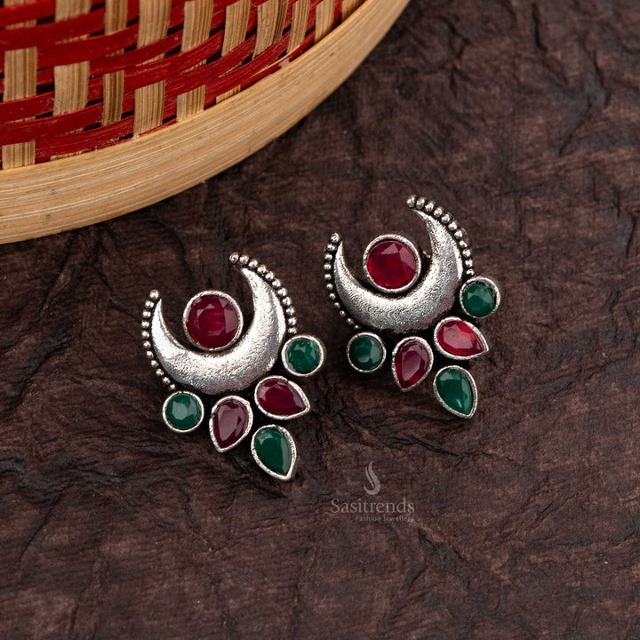 Red and Green Crescent-Shaped Oxidised Fish Hook Earrings with Tear Drop Stones - Sasitrends