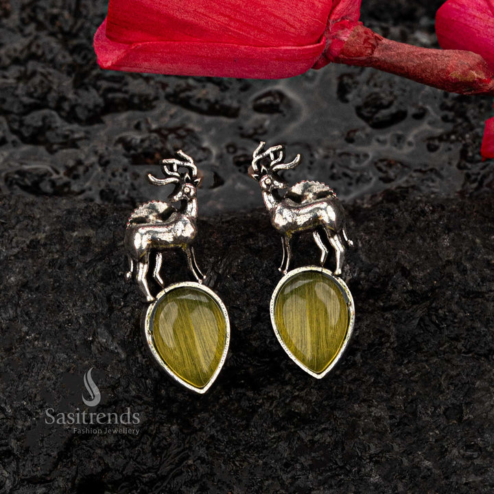 Yellow Monalisa stone oxidised silver earrings with deer - Sasitrends