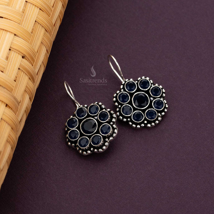 Oxidised Silver Floral Drop Earrings with Dark Blue Stones 