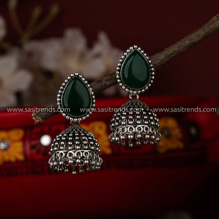 Dark Green Monalisa Stone Oxidised Jhumka Earrings for Traditional Festivities