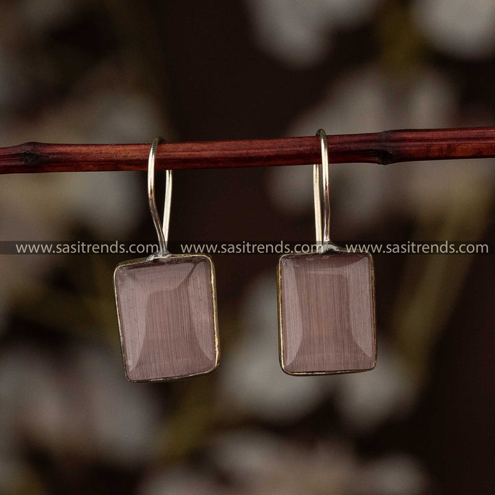 Dark Pink Stone Stud Rectangle Shaped Oxidised Fish Hook Earrings Sasitrends Online