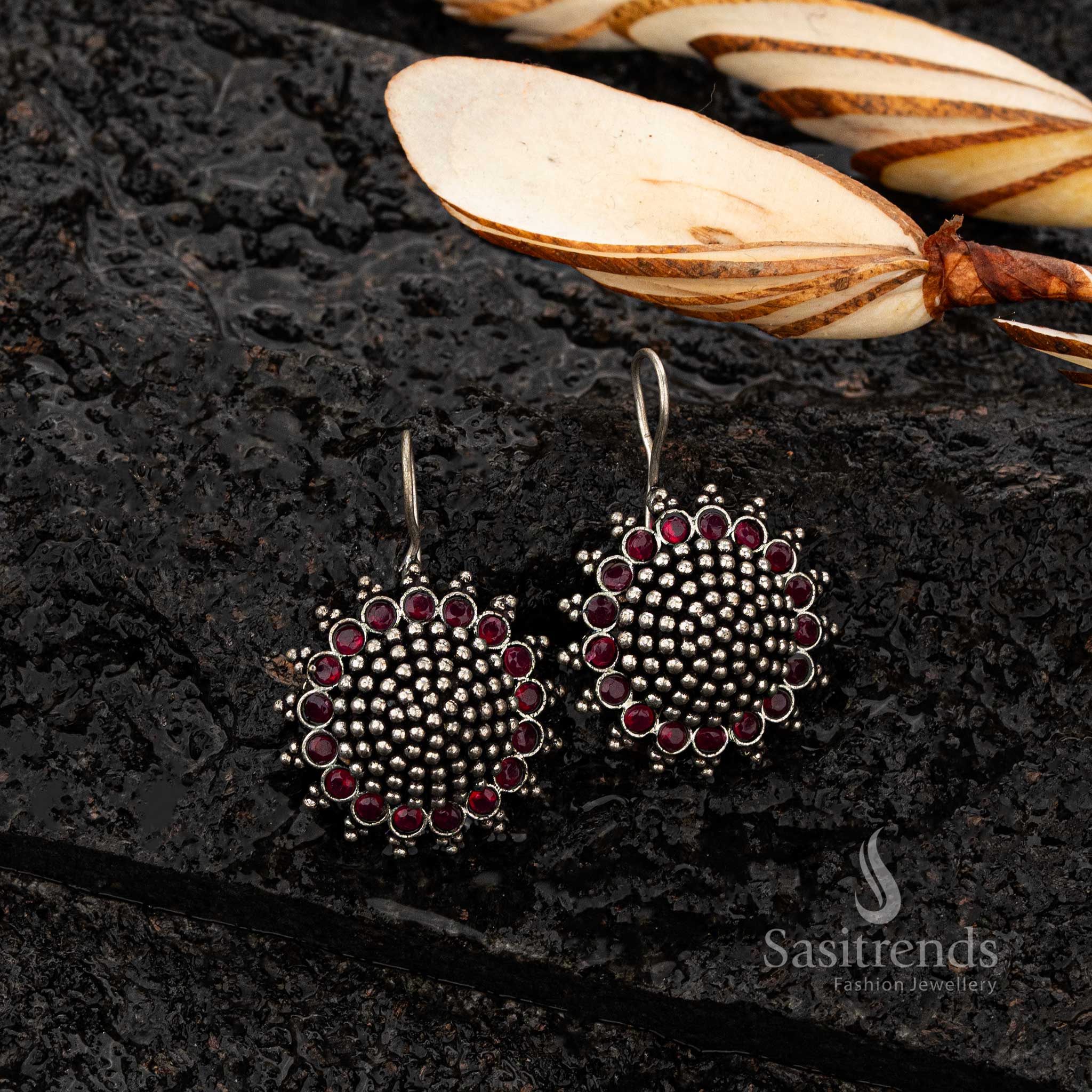 Oxidised silver earrings with intricate beadwork and Ruby stones - Sasitrends 