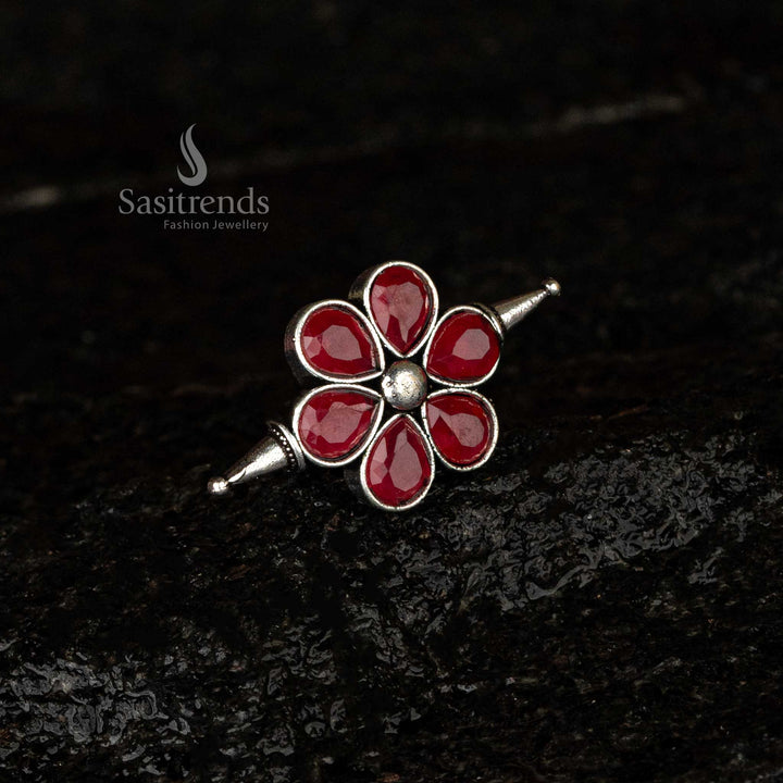 Ruby floral oxidised adjustable ring with pear-shaped stones - Sasitrends