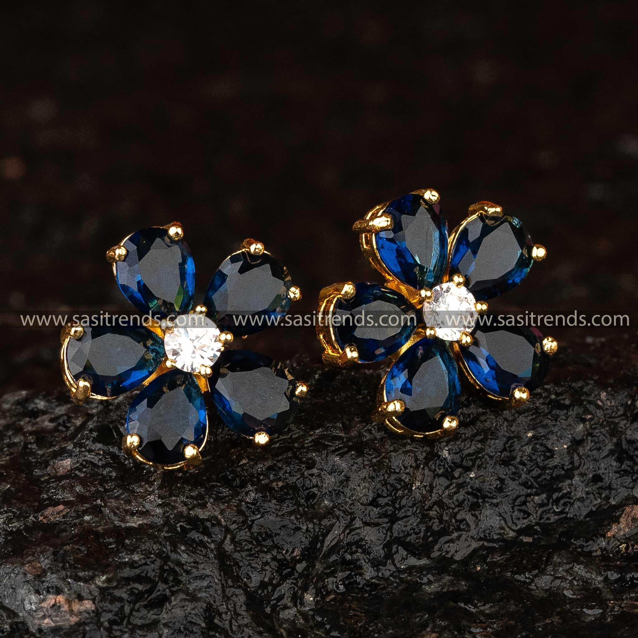 Deep Blue Flower Earrings Studded with American Diamonds - Elegant Accessory