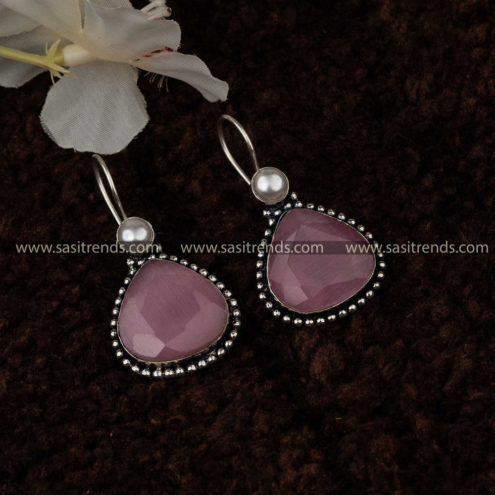 Delicate Pink Monalisa Stone Oxidised Earrings For Navarathiri Sasitrends Online Shopping