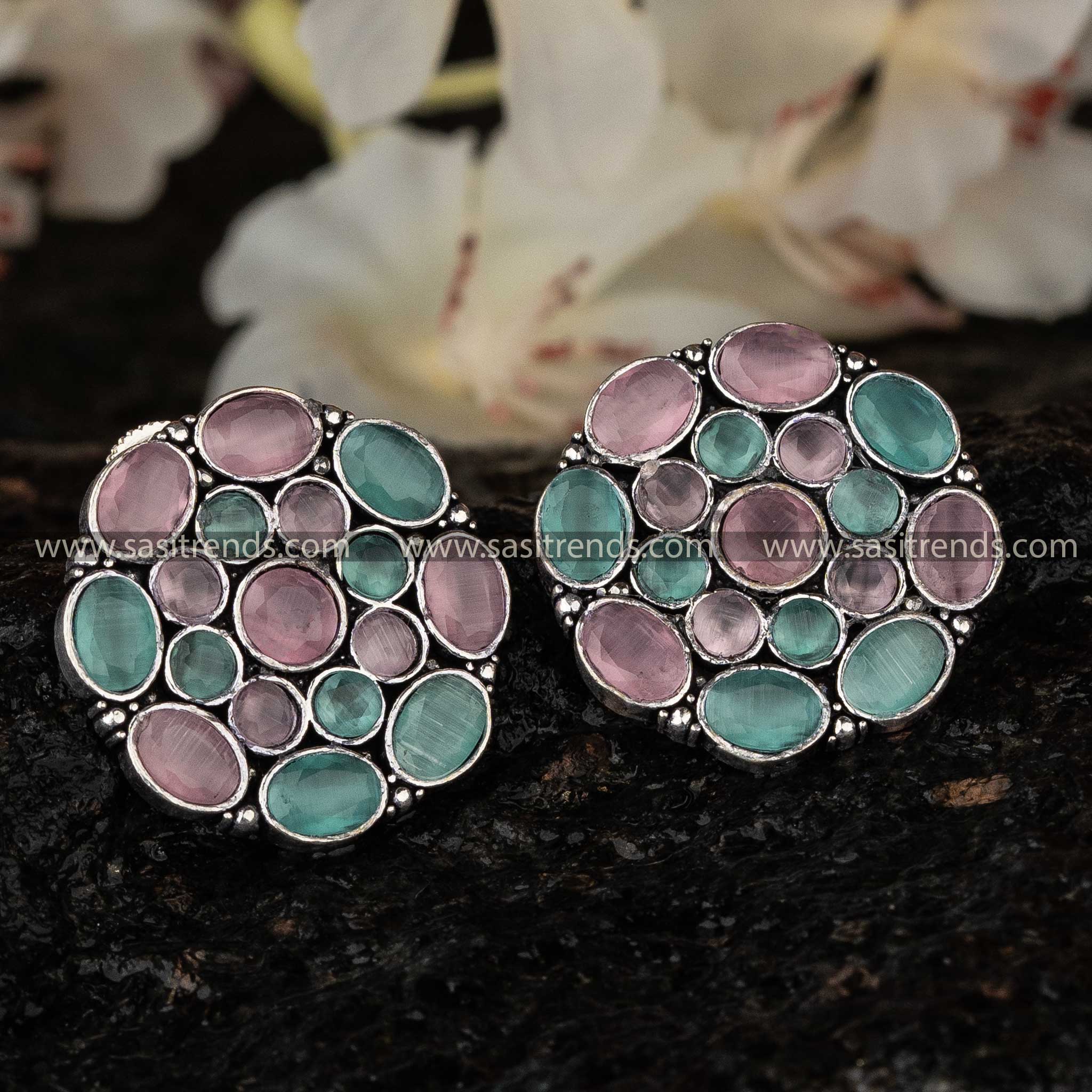 Elegant Mint Pink Stone Stud Flower Designer Navarathiri Special Collection Earrings Sasitrends Online