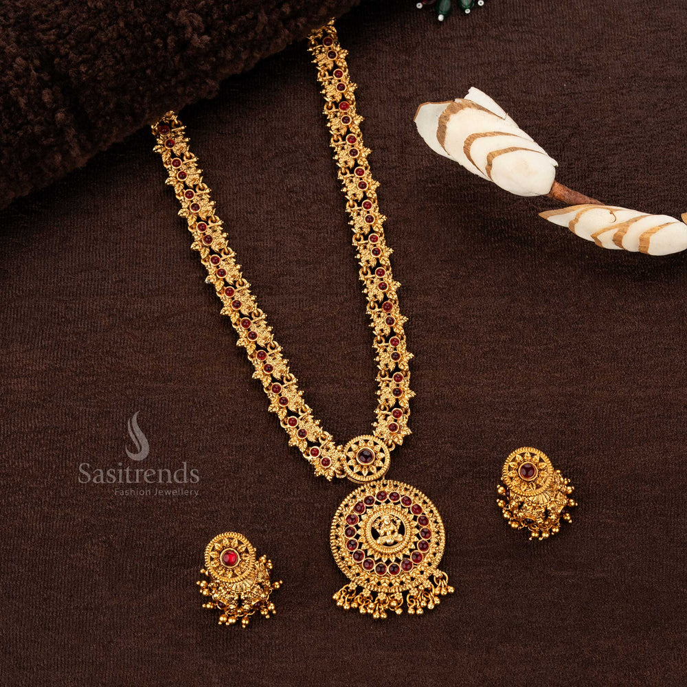 Elegant Long Haram Temple Jewellery with Lakshmi Pendant, Ruby Variant - Sasitrends