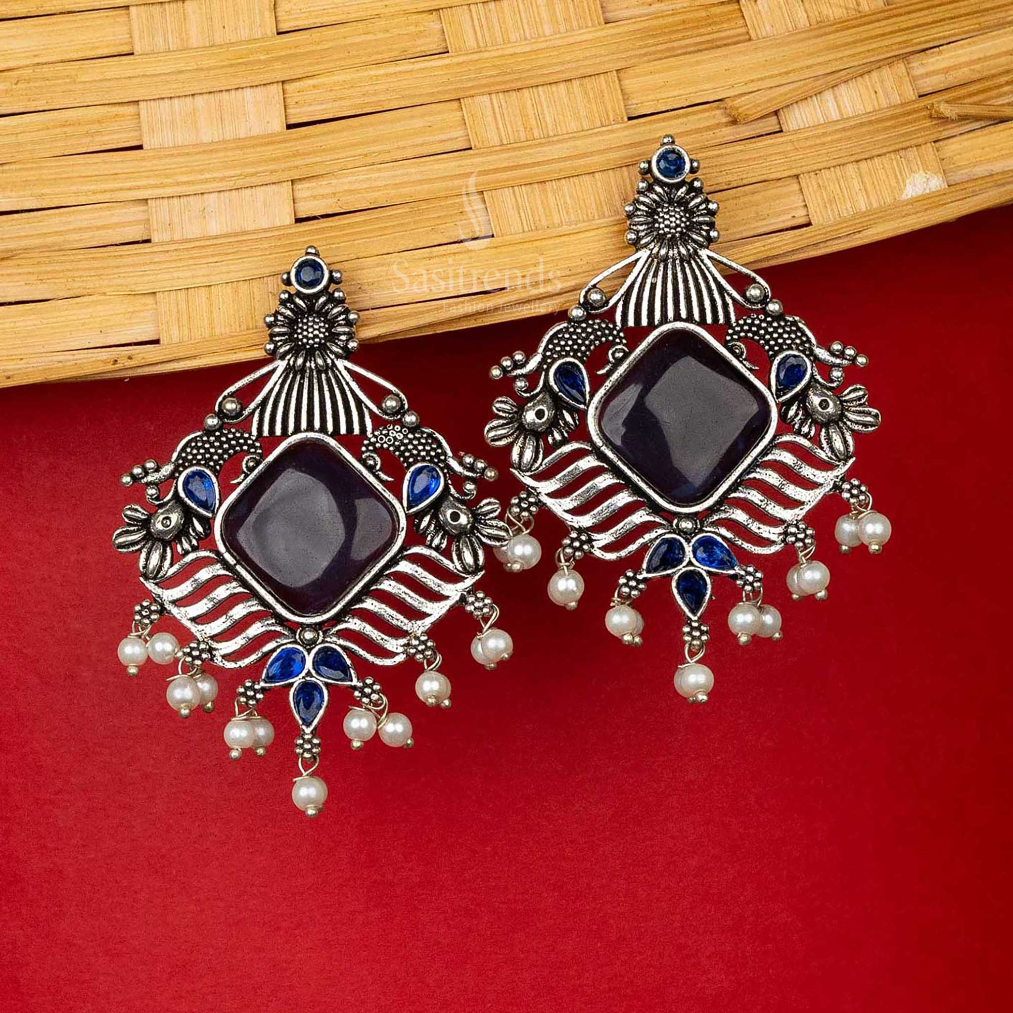 Traditional blue oxidised earrings with intricate design sasitrends online