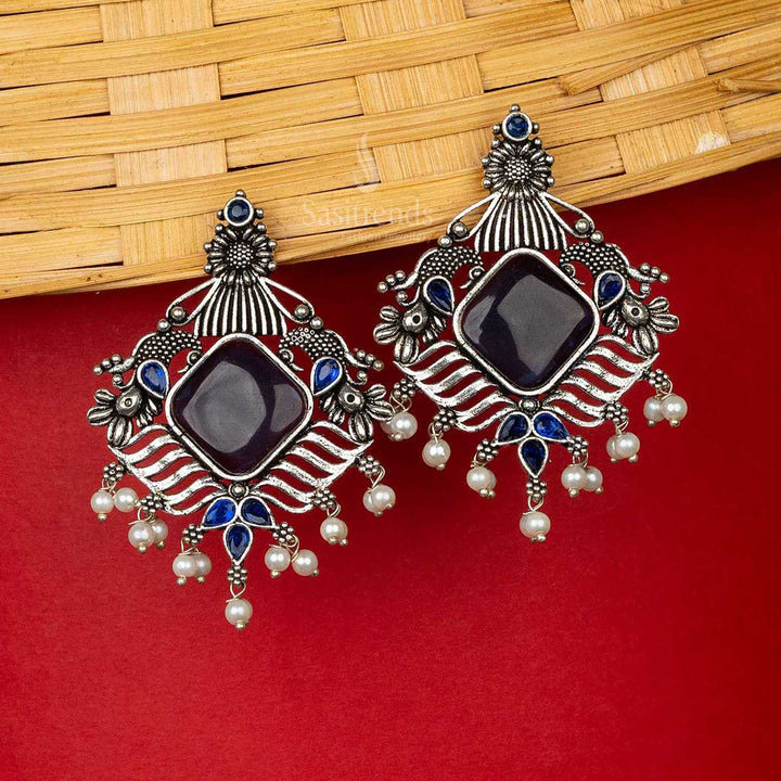 Traditional blue oxidised earrings with intricate design sasitrends online