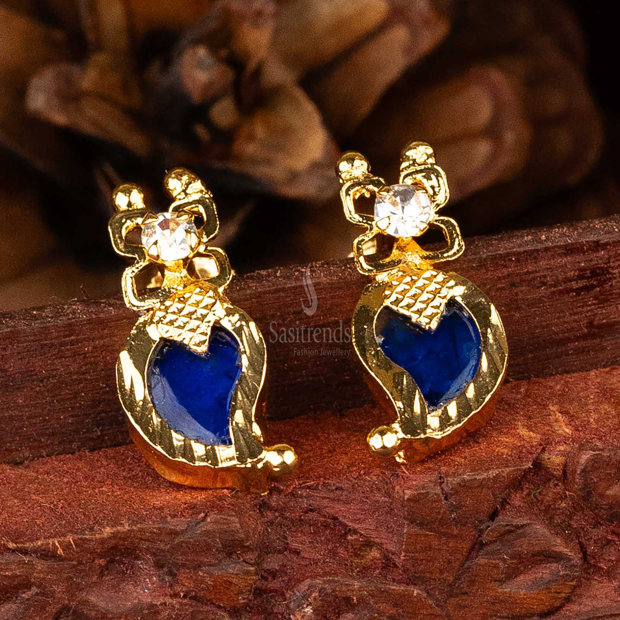 Elegant Blue Palakka Mango Earrings with Brass and Gold Plating