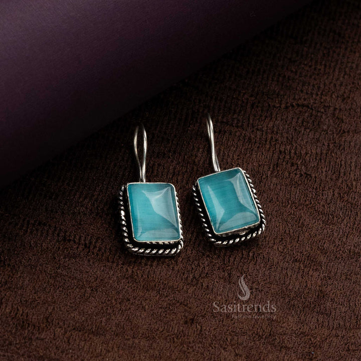 Sky Blue Monalisa Stone Oxidized German Silver Fish Hook Earrings - Women's Latest Collection for Stylish Office Wear