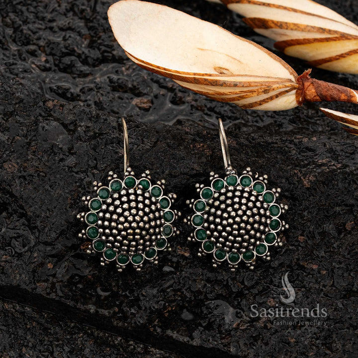 Vibrant green-stone oxidised earrings with a circular motif - Sasitrends