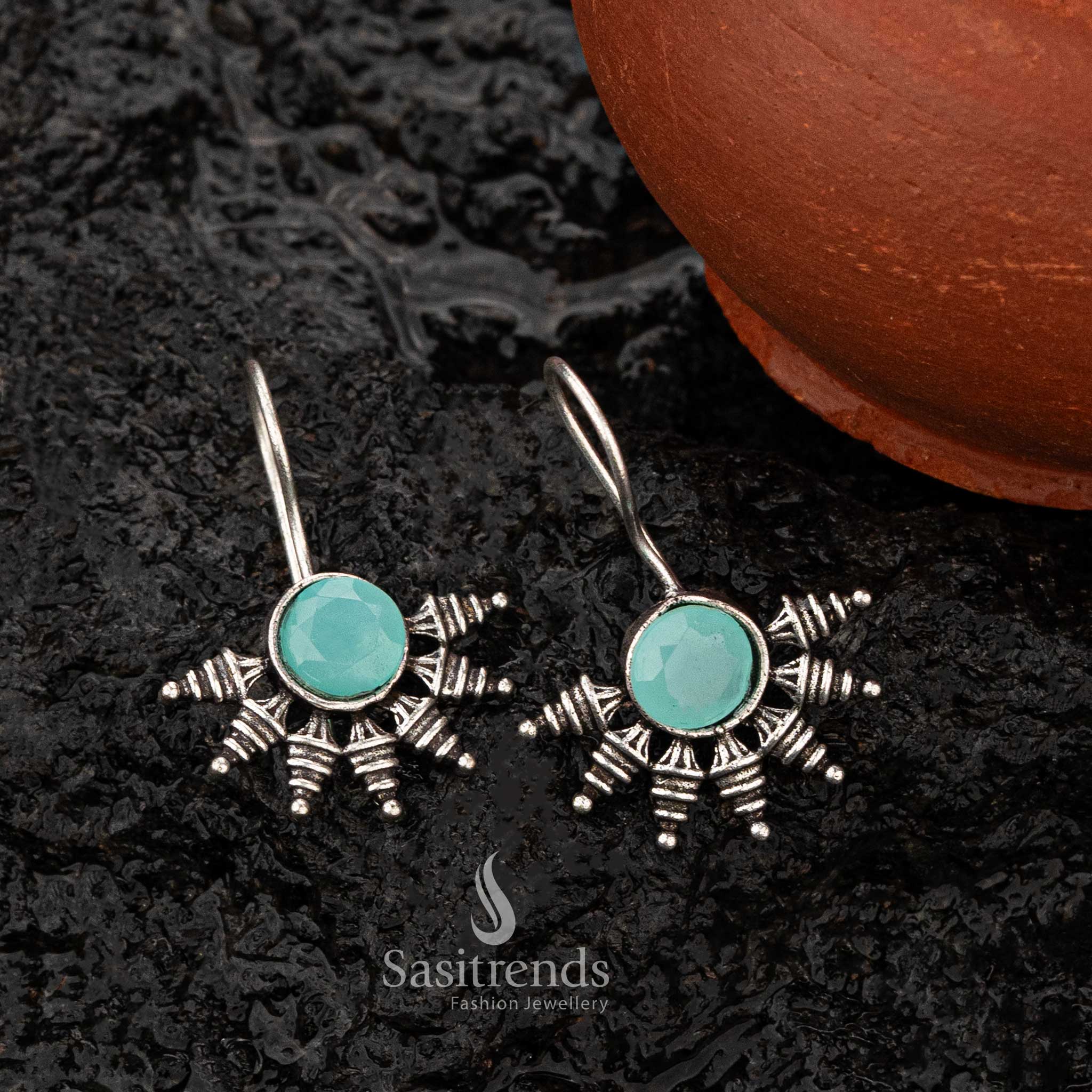 Classic Mint stone earrings with oxidised silver finish - Sasitrends