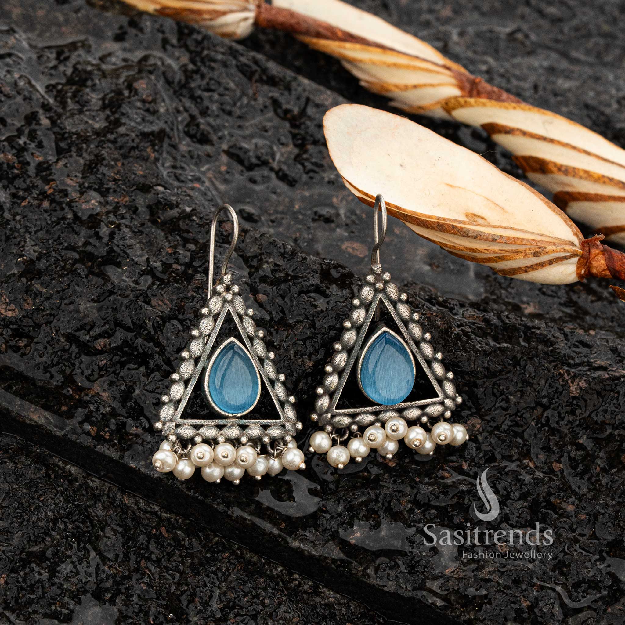 Sky Blue stone oxidised silver earrings with bead accents - Sasitrends