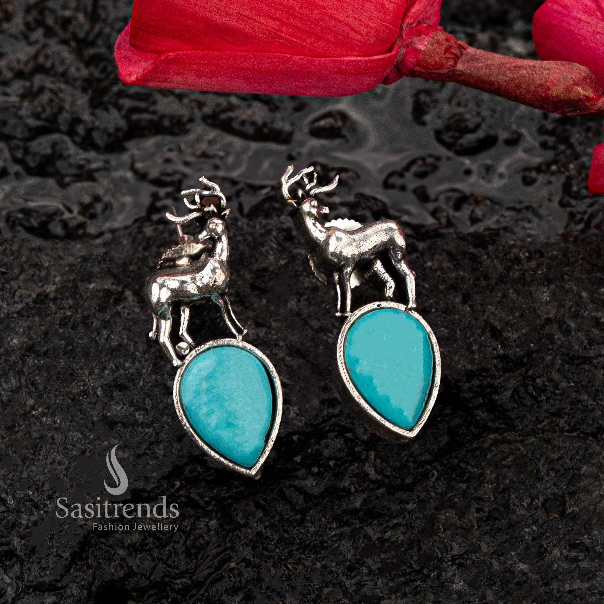 Turquoise Monalisa stone oxidised silver earrings with deer - Sasitrends